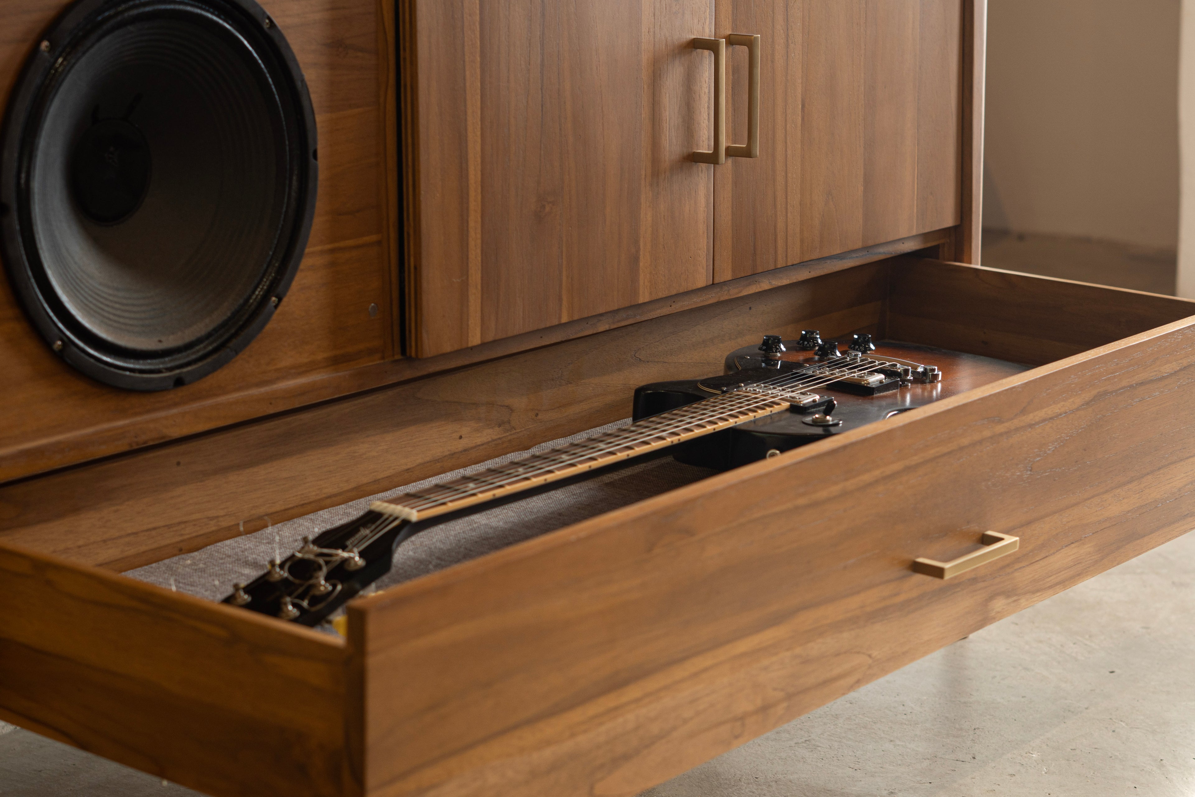 closeup of guitar speaker cabinet with guitar inside